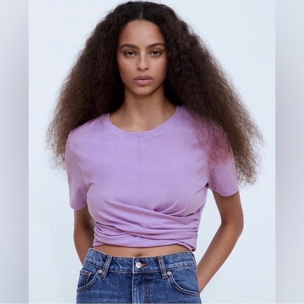 Zara Purple Lilac Knotted Cotton Cropped T-shirt M L